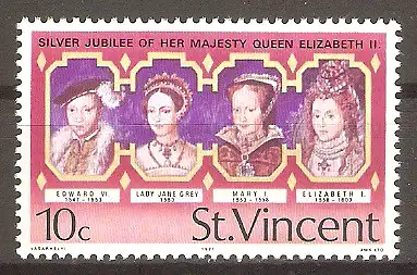 Briefmarke St. Vincent Mi.Nr. 464 XA ** Könige von England 1977 / Edward VI., Lady Jane Grey, Mary I., Elisabeth I. #