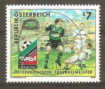 Briefmarke Österreich Mi.Nr. 2307 o Österreichischer Fußballmeister 1999 FC Tirol Milch Innsbruck 2000 / Spielszene, Tivolistadion & Vereinsemblem #
