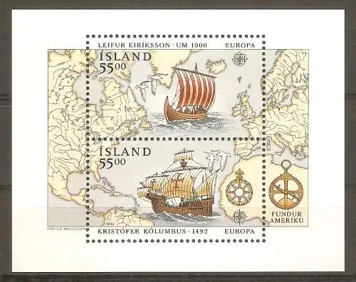 Briefmarke Island BLOCK 13 ** (Mi.Nr. 764-765) 500. Jahrestag der Entdeckung von Amerika / Europa CEPT 1992 #