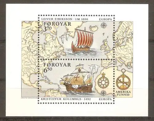 Briefmarke Färöer BLOCK 5 ** (Mi.Nr. 233-234) 500. Jahrestag der Entdeckung von Amerika / Europa CEPT 1992 #