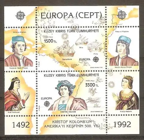 Briefmarke Türkisch-Zypern BLOCK 10 ** (Mi.Nr. 332-333) Europa CEPT – 500. Jahrestag der Entdeckung von Amerika 1992 #