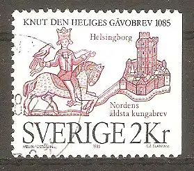 Briefmarke Schweden Mi.Nr. 1335 o 900. Jahrestag der Schenkung durch König Knut den Heiligen an das Bistum Lund 1985 / König Knut IV. & Stadt Helsingborg #