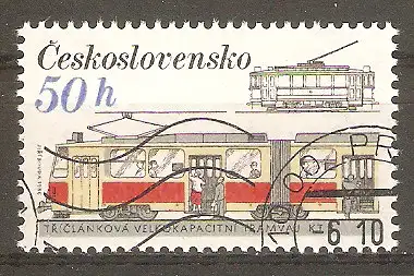 Briefmarke Tschechoslowakei Mi.Nr. 2881 o Schienenfahrzeuge 1986 / Gelenk-Straßenbahn KT8 (1986) & Straßenbahn (1927) #