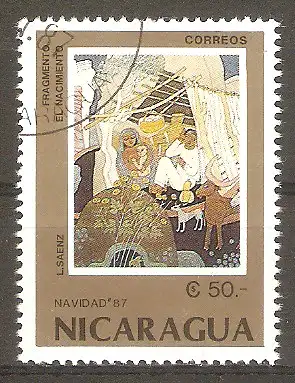 Briefmarke Nicaragua Mi.Nr. 2842 o Weihnachten 1987 / "Die Geburt Christi" (Gemälde von L. Saenz) #