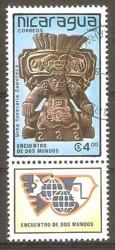 Briefmarke Nicaragua Mi.Nr. 2917 mit Zierfeld o 500. Jahrestag der Entdeckung von Amerika 1988 / Graburne der Zapoteken #