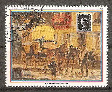 Briefmarke Paraguay Mi.Nr. 4479 o Postkutschen 1990 / Postkutsche mit zwei Pferden bei der Rast #