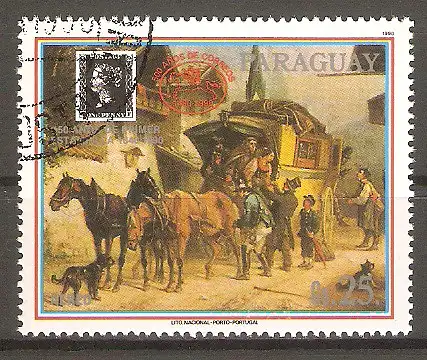 Briefmarke Paraguay Mi.Nr. 4480 o Postkutschen 1990 / Postkutsche mit drei Pferden und zwei Hunden bei der Ankunft #