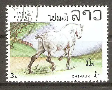 Briefmarke Laos Mi.Nr. 628 o Pferde 1983 / Helles Vollblutpferd #