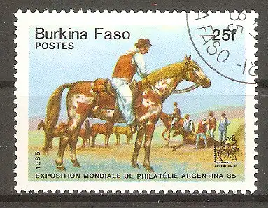 Briefmarke Burkina Faso Mi.Nr. 1035 o Briefmarkenausstellung ARGENTINA ´85 / Gauchos mit Pferdeherde #