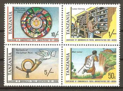 Briefmarke Tanzania Mi.Nr. 181-184 ** Zusammendruck! Konferenz der Postverwaltungen des Commonwealth 1981 / Kompletter Satz! #