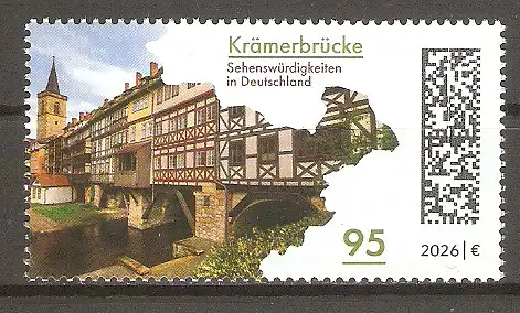 Briefmarke BRD Mi.Nr. 3961 ** Sehenswürdigkeiten in Deutschland 2026 / Krämerbrücke in Erfurt #
