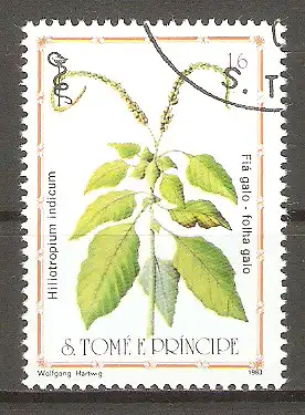 Briefmarke Sao Tome & Principe Mi.Nr. 865 o Heilpflanzen 1983 / Indisches Heliotrop (Heliotropium indicum) #