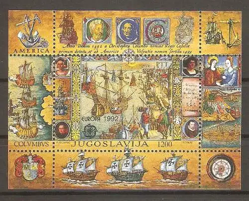 Briefmarke Jugoslawien BLOCK 41 ** (Mi.Nr. 2536) 500. Jahrestag der Entdeckung von Amerika 1992 / Hafen von Lissabon #