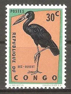 Briefmarke Kongo - Kinshasa Mi.Nr. 140 ** Geschützte Vögel 1963 / Klaffschnabel (Anastomus Iamelligerus) #