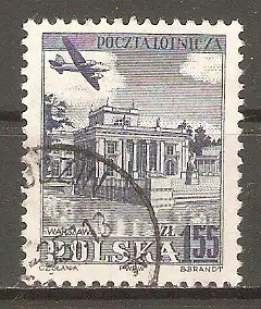 Briefmarke Polen Mi.Nr. 859 C o (gez. K 11¾:11½) Flugzeug über Baudenkmälern 1954 / Iljuschin Il-12 über Königsschloss in Łazienki (Warschau) #