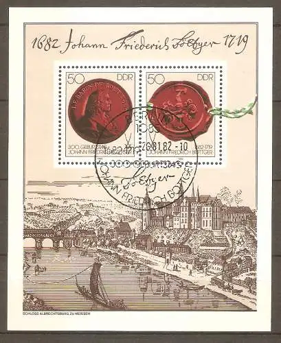Briefmarke DDR BLOCK 65 o (Mi.Nr. 2671-2672) ESST BERLIN / 300. Geburtstag von Johann Friedrich Böttger (Alchimist) 1982 / Steinzeugmedaille & Böttgers Petschaft #