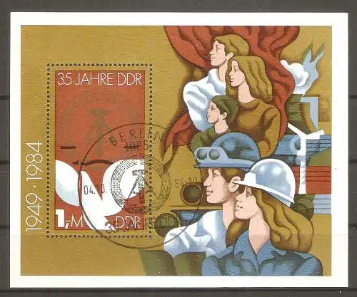 Briefmarke DDR BLOCK 79 o (Mi.Nr. 2902) ESST BERLIN / 35 Jahre Deutsche Demokratische Republik 1984 / Friedenstaube & Staatswappen #
