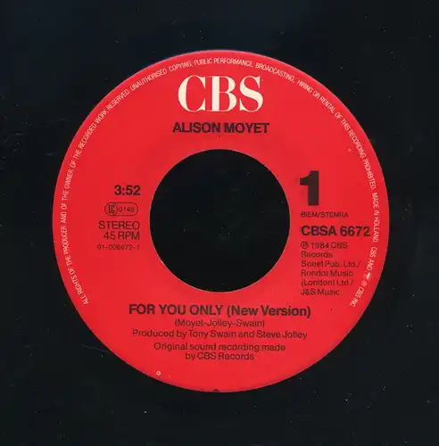 Vinyl-Single: Alison Moyet: For You Only (New Version) / Twisting The Knife CBS A 6672, (P) 1984/85 