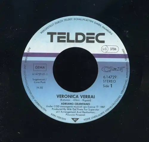 Vinyl-Single: Celentano, Adriano Veronica Verrai / Segurio\' chi mi ama (Is It Love) TELDEC 6.14729 AC, (P) 1987 EAN 4001406147296