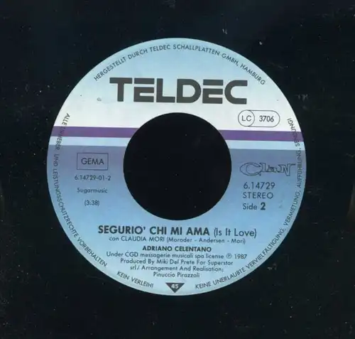 Vinyl-Single: Celentano, Adriano Veronica Verrai / Segurio\' chi mi ama (Is It Love) TELDEC 6.14729 AC, (P) 1987 EAN 4001406147296