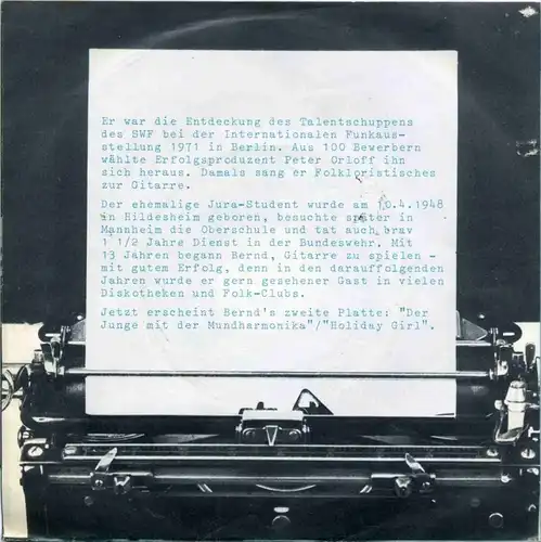 Vinyl-Single: Bernd Clüver: Der Junge mit der Mundharmonika (Mouth Organ Boy) / Holiday Girl (Sea Side Shuffle) Hansa 12 387 AT, (P) 1972