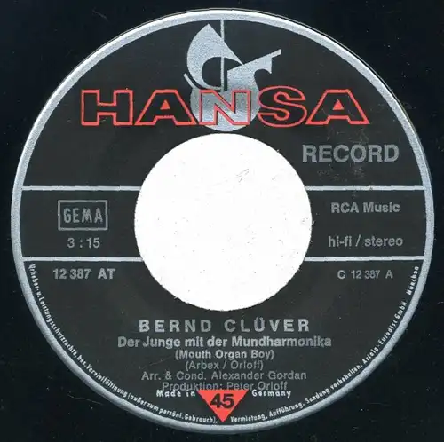 Vinyl-Single: Bernd Clüver: Der Junge mit der Mundharmonika (Mouth Organ Boy) / Holiday Girl (Sea Side Shuffle) Hansa 12 387 AT, (P) 1972