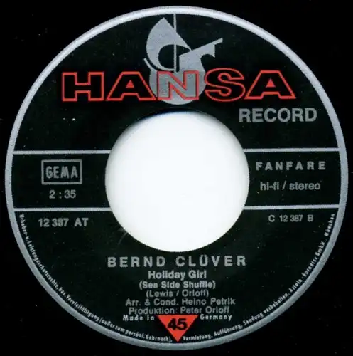 Vinyl-Single: Bernd Clüver: Der Junge mit der Mundharmonika (Mouth Organ Boy) / Holiday Girl (Sea Side Shuffle) Hansa 12 387 AT, (P) 1972