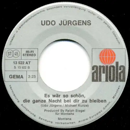 Vinyl-Single: Udo Jürgens: Zieh\' den Kopf aus der Schlinge, Bruder John / Es wär so schön, die ganze Nacht bei dir zu bleiben Ariola 13 522 AT, (P) 1973 