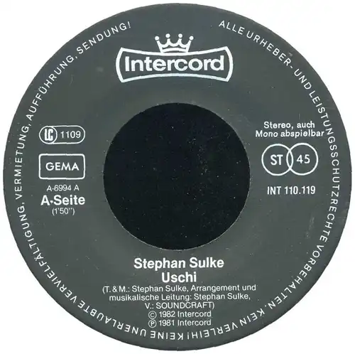 Vinyl-Single: Stephan Sulke: Uschi / Die Moral Intercord INT 110.119, (P) 1981 