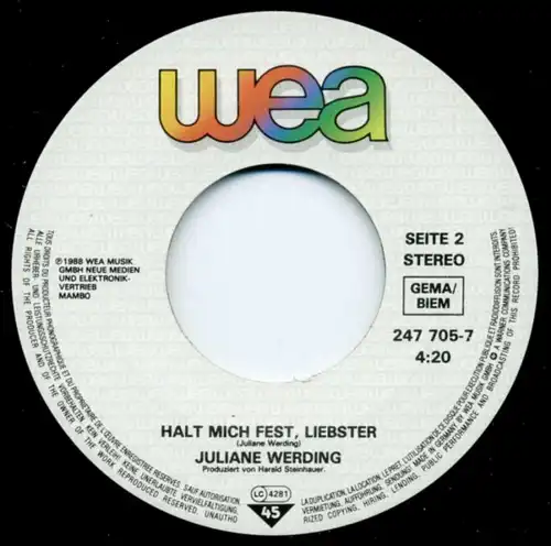 Vinyl-Single: Juliane Werding: Starke Gefühle / Halt mich fest, Liebster WEA 247 705-7, (P) 1988