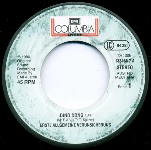 Vinyl-Single: Erste Allgemeine Verunsicherung: Ding Dong / Ding Dong (Version 3:23)  EMI Columbia 1 C 006 13 3466 7, (P) 1990 EAN 5099913346676 