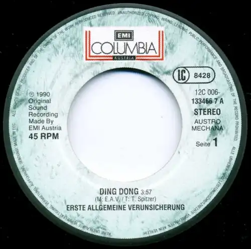 Vinyl-Single: Erste Allgemeine Verunsicherung: Ding Dong / Ding Dong (Version 3:23)  EMI Columbia 1 C 006 13 3466 7, (P) 1990 EAN  