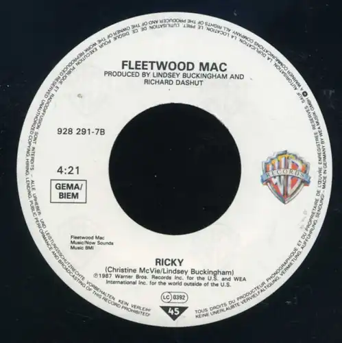 Vinyl-Single: Fleetwood Mac: Little Lies / Ricky Warner Bros. 928 291-7, (P) 1987 EAN 