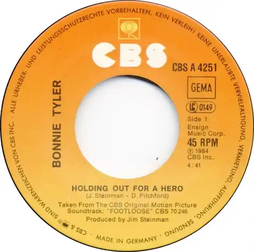 Vinyl-Single: Bonnie Tyler: Holding Out For A Hero / Faster Than The Speed Of Night CBS A 4251, (P) 1983 From the Original Soundtrack of the Paramount Motion Oicture \"Footloose\"