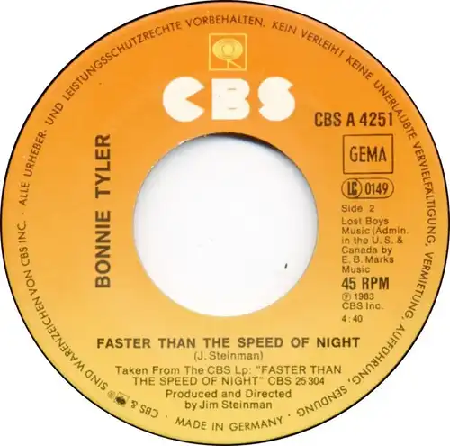 Vinyl-Single: Bonnie Tyler: Holding Out For A Hero / Faster Than The Speed Of Night CBS A 4251, (P) 1983 From the Original Soundtrack of the Paramount Motion Oicture \"Footloose\"