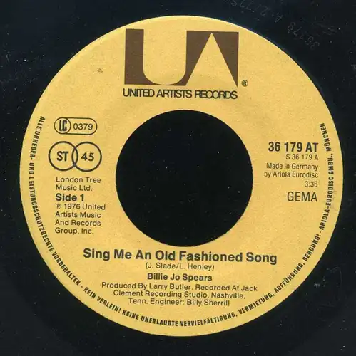 Vinyl-Single: Billie Jo Spears: Sing Me An Old Fashioned Love Song / Never Did Like Whiskey United Artists 36 179 AT, (P) 1976