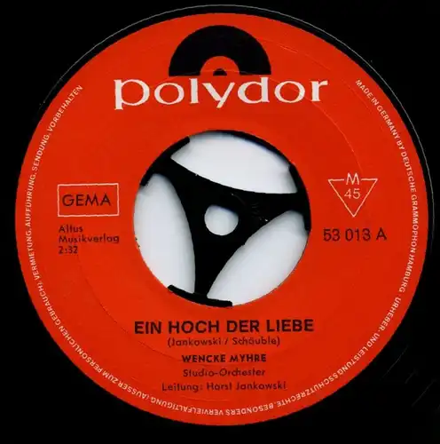 Vinyl-Single: Wencke Myhre: Ein Hoch der Liebe / Jägerlatein Polydor 53 013, (P) 1968 

Zustand: Vinyl vg- Cover vg 