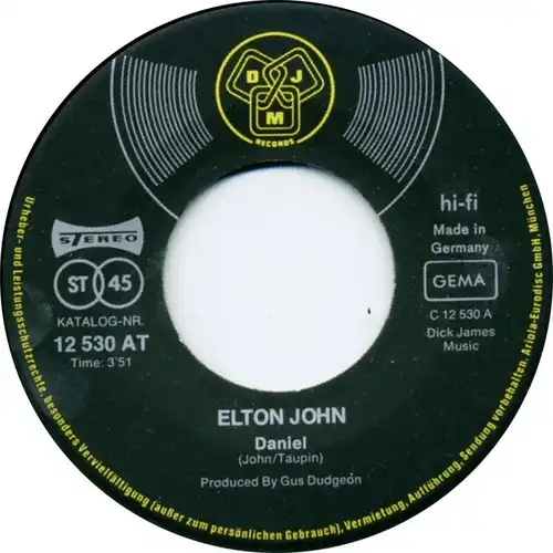 Vinyl-Single: Elton John: Daniel / Skyline Pigeon DJM 12 530 AT, (P) 1972 