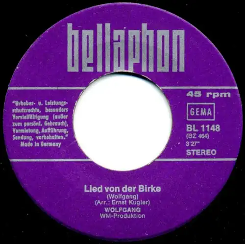Vinyl-Single: Wolfgang: Abraham - Das Lied vom Trödler / Lied von der Birke Bellaphon BL 1148, (P) 1971 