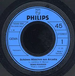 Vinyl-Single: Demis Roussos: Schönes Mädchen aus Arcadia / So wie du bistPhilips 6009 394, (P) 1973 