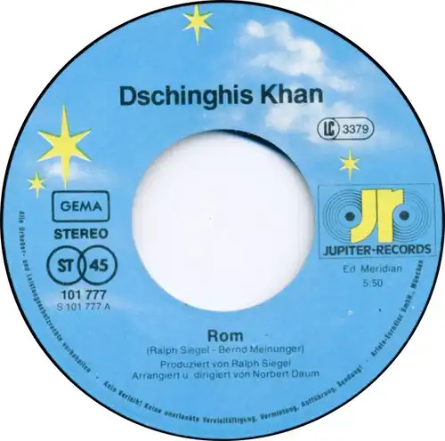 Vinyl-Single: Dschinghis Khan: Rom / Die Fremden Jupiter Records 101 777-100, (P) 1980