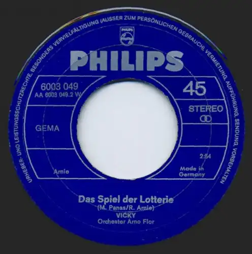 Vinyl-Single: Vicky Leandros: St. Tropez - Gitarren bei Nacht / Das Spiel der Lotterie Philips 6003 049, (P) 1970 