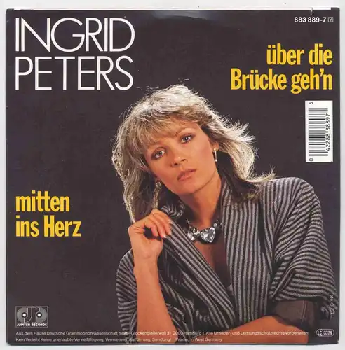 Vinyl-Single: Ingrid Peters: Über die Brücke geh\'n / Mitten ins Herz Jupiter Records 883 889-7, (P) 1986 Der Titel belegte den 6. Platz beim Eurovision Song Contest in Bergen 