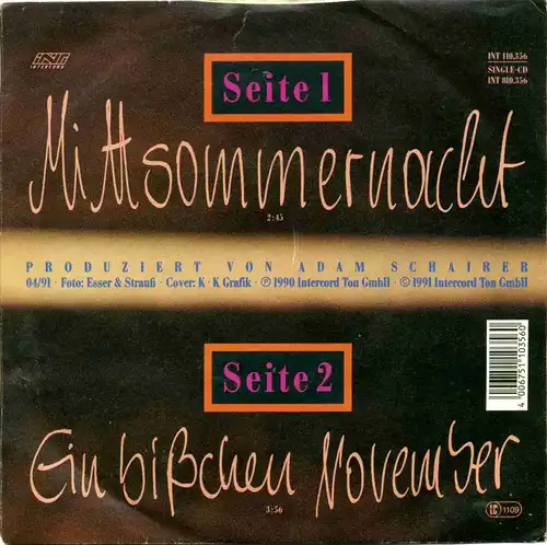 Vinyl-Single: Claudia Jung: Mittsommernacht / Ein bißchen November Intercord INT 110.356, (P) 1991 EAN 