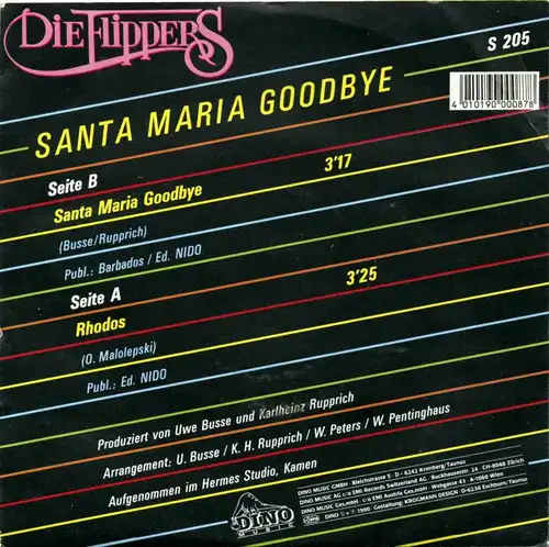Vinyl-Single: Die Flippers: Santa Maria Goodbye / Rhodos Dino S 205, (P) 1990 EAN 4010190000878