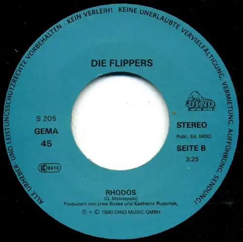 Vinyl-Single: Die Flippers: Santa Maria Goodbye / Rhodos Dino S 205, (P) 1990 EAN 