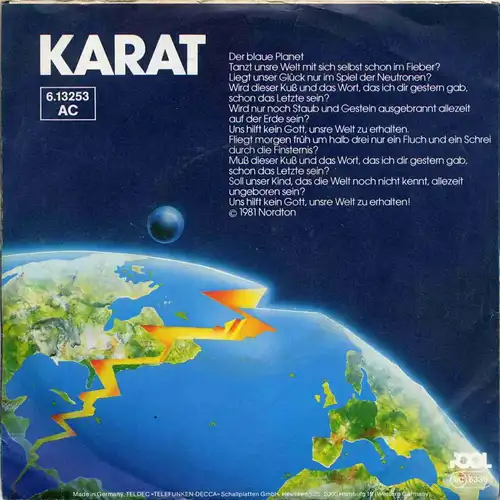 Vinyl-Single: Karat: Der blaue Planet / Blumen aus Eis Pool 6.13253 AC, (P) 1981 