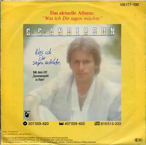 Vinyl-Single: G. G. Anderson: Die Sonne von St. Helena / Vergessen, Verloren Hansa 108 177-100, (P) 1985  