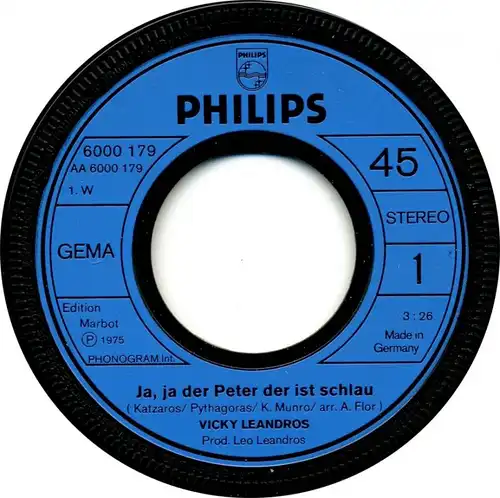 Vinyl-Single: Vicky Leandros: Ja, ja der Peter der ist schlau / Morgen ist auch noch ein Tag Philips 6000 179, (P) 1975 
