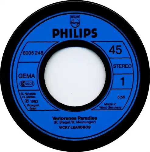 Vinyl-Single: Vicky Leandros: Verlorenes Paradies / Hilf mir durch die Nacht Philips 6005 248, (P) 1982 